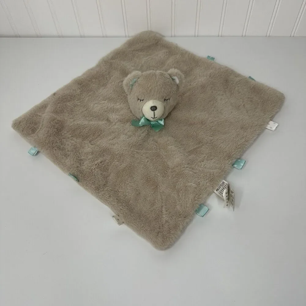 Kellytoy Brown Sleeping Bear‎ Security Blanket Baby Toddler Lovey Green Bow Soft